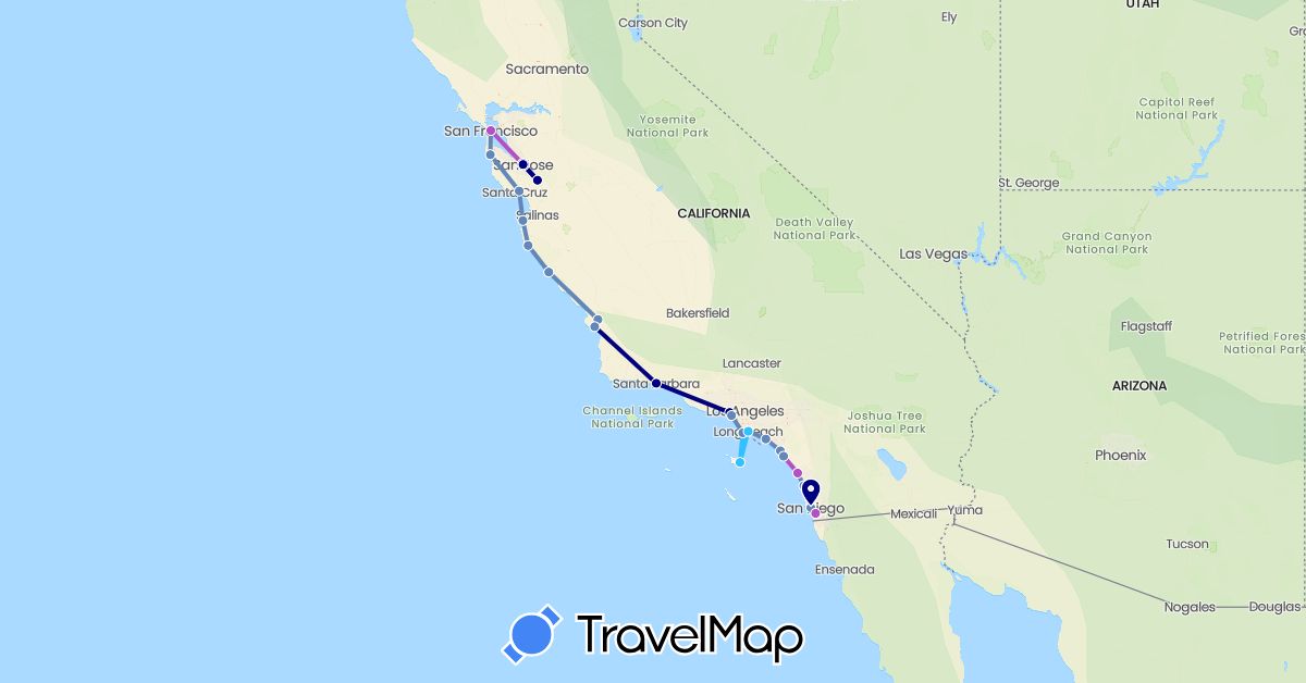 TravelMap itinerary: driving, plane, cycling, train, boat in United States (North America)