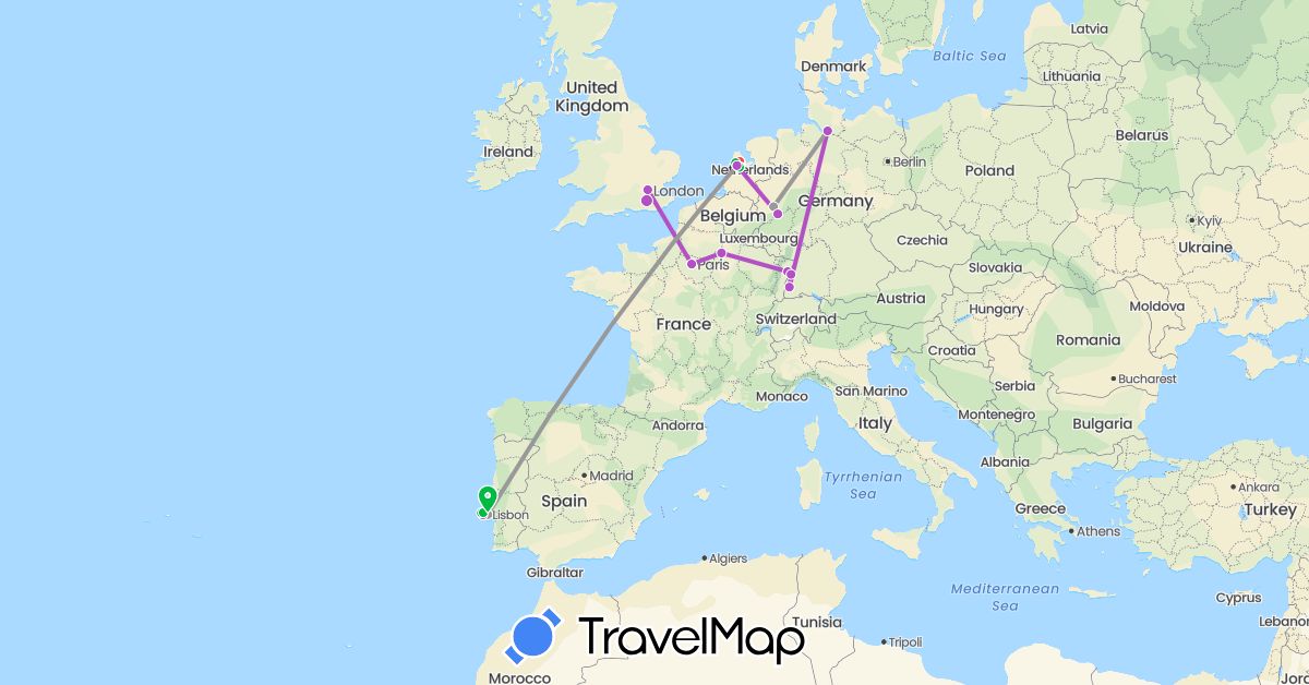 TravelMap itinerary: bus, plane, train, hiking, boat in Germany, France, United Kingdom, Netherlands, Portugal (Europe)