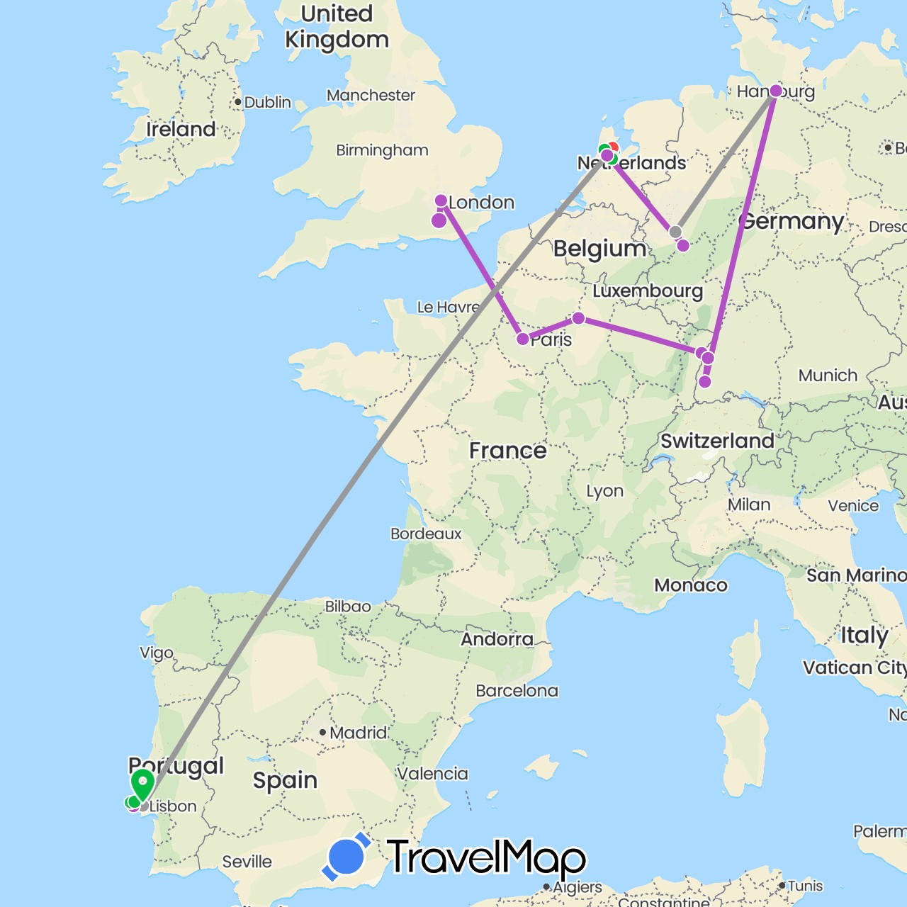 TravelMap itinerary: bus, plane, train, hiking, boat in Germany, France, United Kingdom, Netherlands, Portugal (Europe)