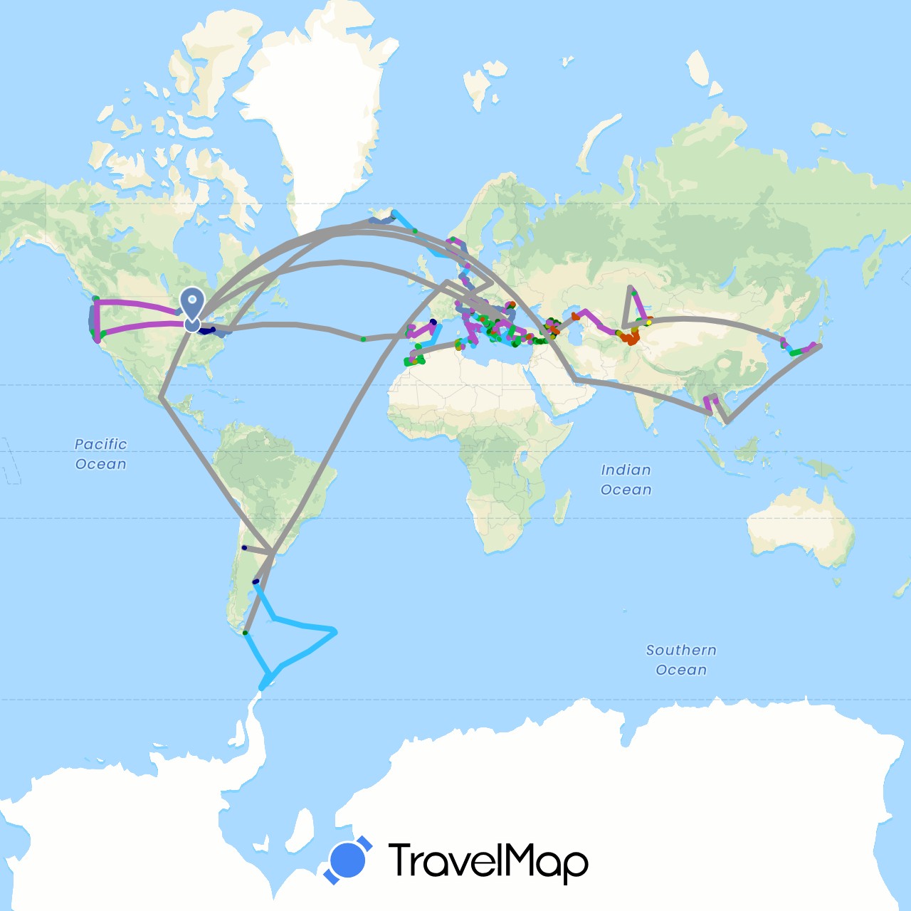 TravelMap itinerary: driving, bus, plane, cycling, train, hiking, boat, minibus, shared taxi, taxi, delivery van, 4x4, tour, cable car in Albania, Armenia, Antarctica, Argentina, Austria, Bosnia and Herzegovina, Bulgaria, Switzerland, Czech Republic, Germany, Denmark, Spain, Falkland Islands, Faroe Islands, United Kingdom, Georgia, Greece, South Georgia and the South Sandwich Islands, Croatia, Hungary, Iceland, Italy, Japan, Kyrgyzstan, South Korea, Kazakhstan, Laos, Liechtenstein, Morocco, Moldova, Montenegro, Macedonia, Malta, Mexico, Netherlands, Norway, Poland, Portugal, Qatar, Romania, Serbia, Sweden, Slovenia, Slovakia, San Marino, Thailand, Tajikistan, Tunisia, Turkey, United States, Uzbekistan, Vatican City, Vietnam, Kosovo (Africa, Antarctica, Asia, Europe, North America, South America)