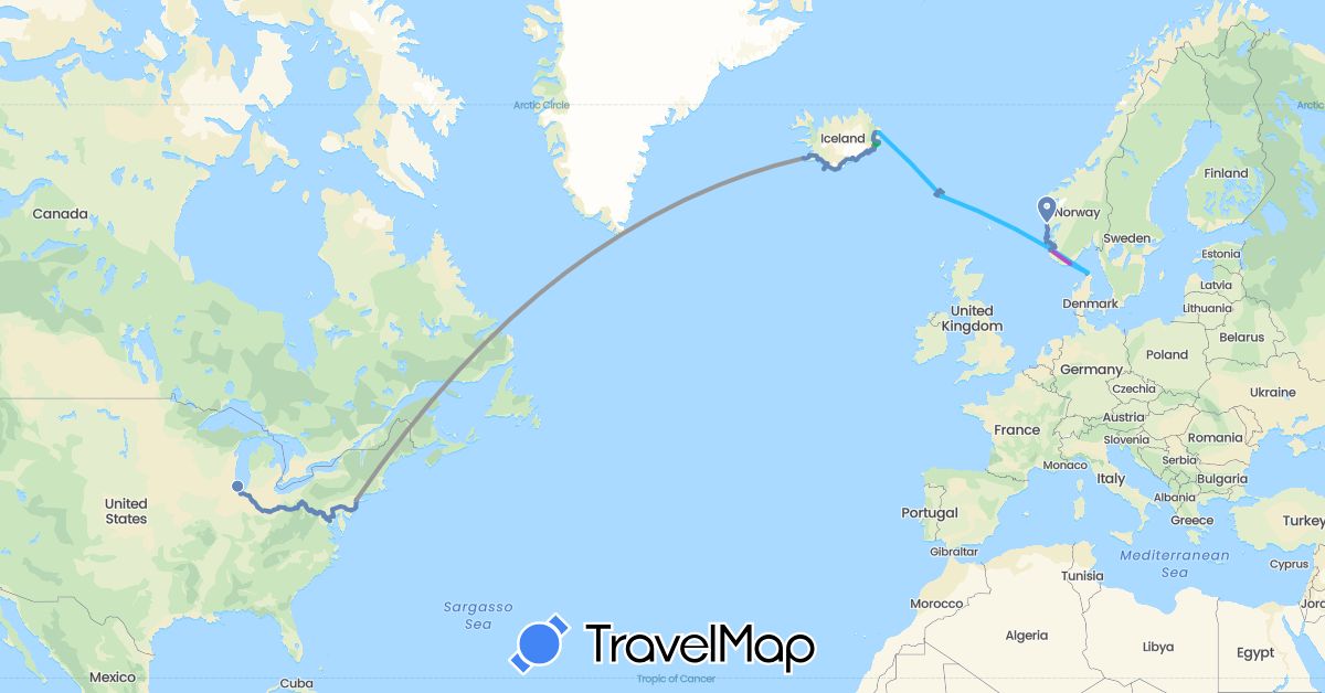 TravelMap itinerary: driving, bus, plane, cycling, train, boat in Denmark, Faroe Islands, Iceland, Norway, United States (Europe, North America)