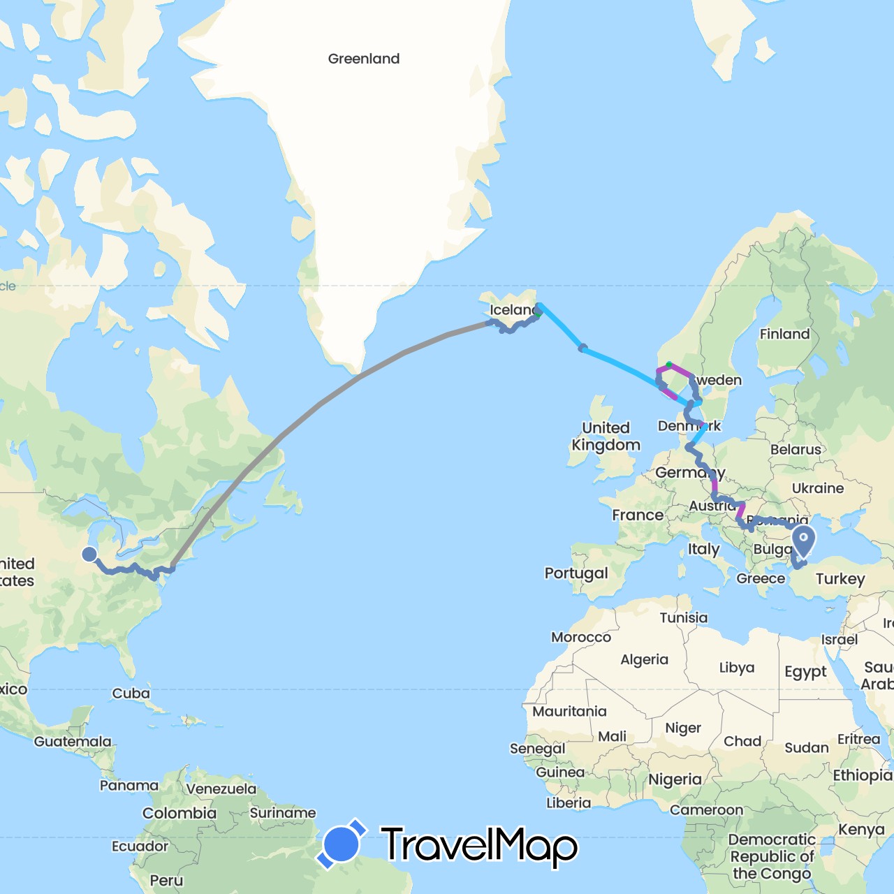 TravelMap itinerary: driving, bus, plane, cycling, train, boat in Denmark, Faroe Islands, Iceland, Norway, United States (Europe, North America)
