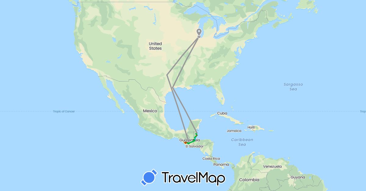 TravelMap itinerary: driving, bus, plane, cycling, train, hiking, boat, hitchhiking, minibus, tour in Belize, Guatemala, United States (North America)