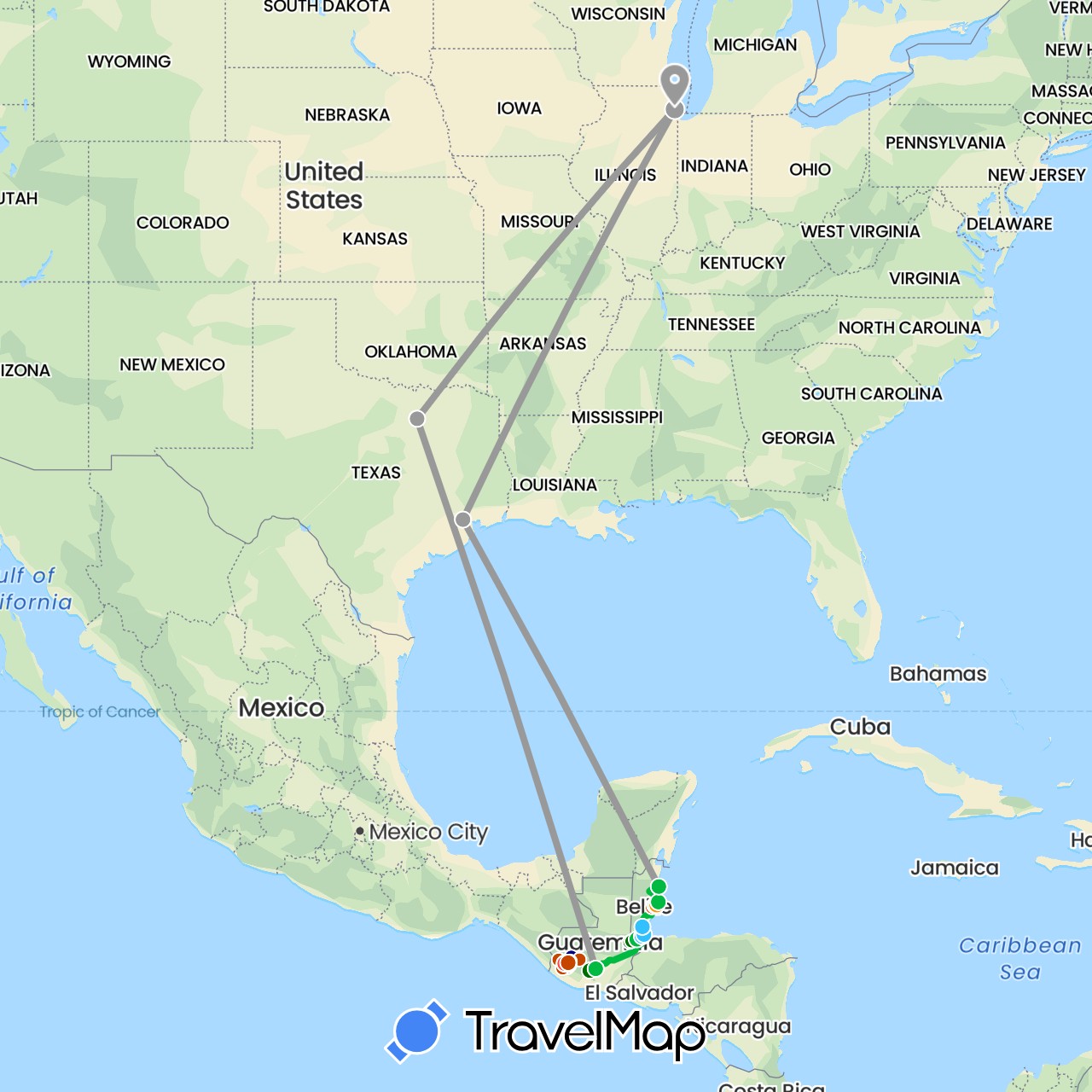 TravelMap itinerary: driving, bus, plane, cycling, train, hiking, boat, hitchhiking, minibus, tour in Belize, Guatemala, United States (North America)