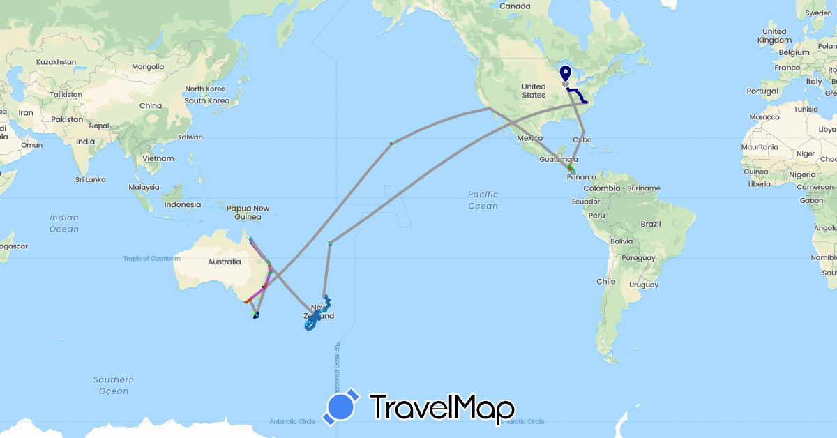 TravelMap itinerary: driving, bus, plane, train, hiking, boat, motorbike, minibus, shared taxi, taxi, tour, cable car, kayak, campervan in Australia, Costa Rica, Fiji, Nicaragua, New Zealand, United States (North America, Oceania)