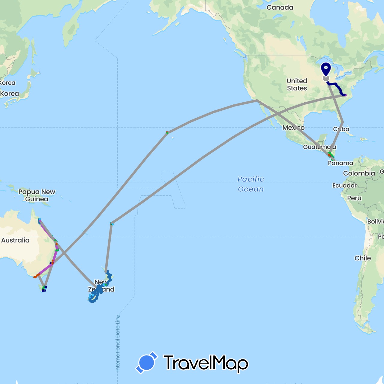 TravelMap itinerary: driving, bus, plane, train, hiking, boat, motorbike, minibus, shared taxi, taxi, tour, cable car, kayak, campervan in Australia, Costa Rica, Fiji, Nicaragua, New Zealand, United States (North America, Oceania)