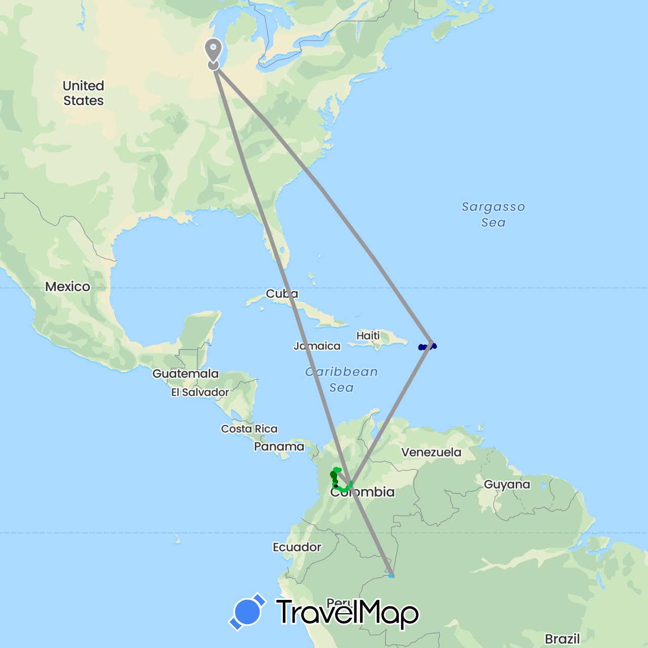 TravelMap itinerary: driving, bus, plane, boat, minibus, willy jeep in Colombia, Peru, Puerto Rico, United States (North America, South America)