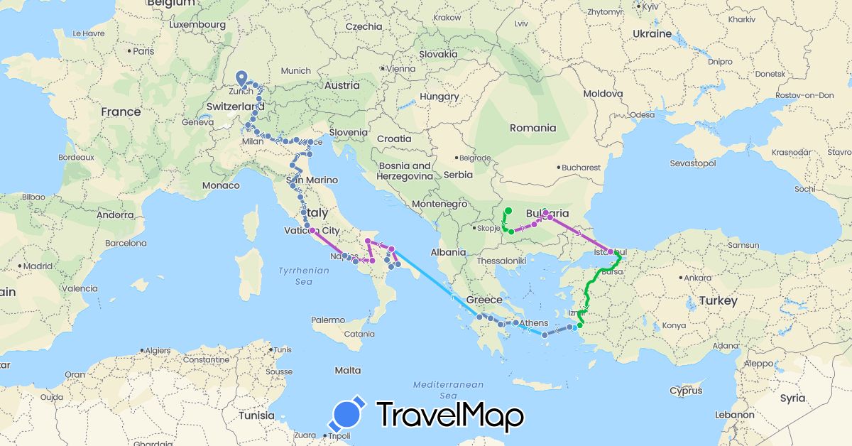 TravelMap itinerary: driving, bus, cycling, train, boat in Bulgaria, Switzerland, Greece, Italy, Liechtenstein, Turkey (Asia, Europe)