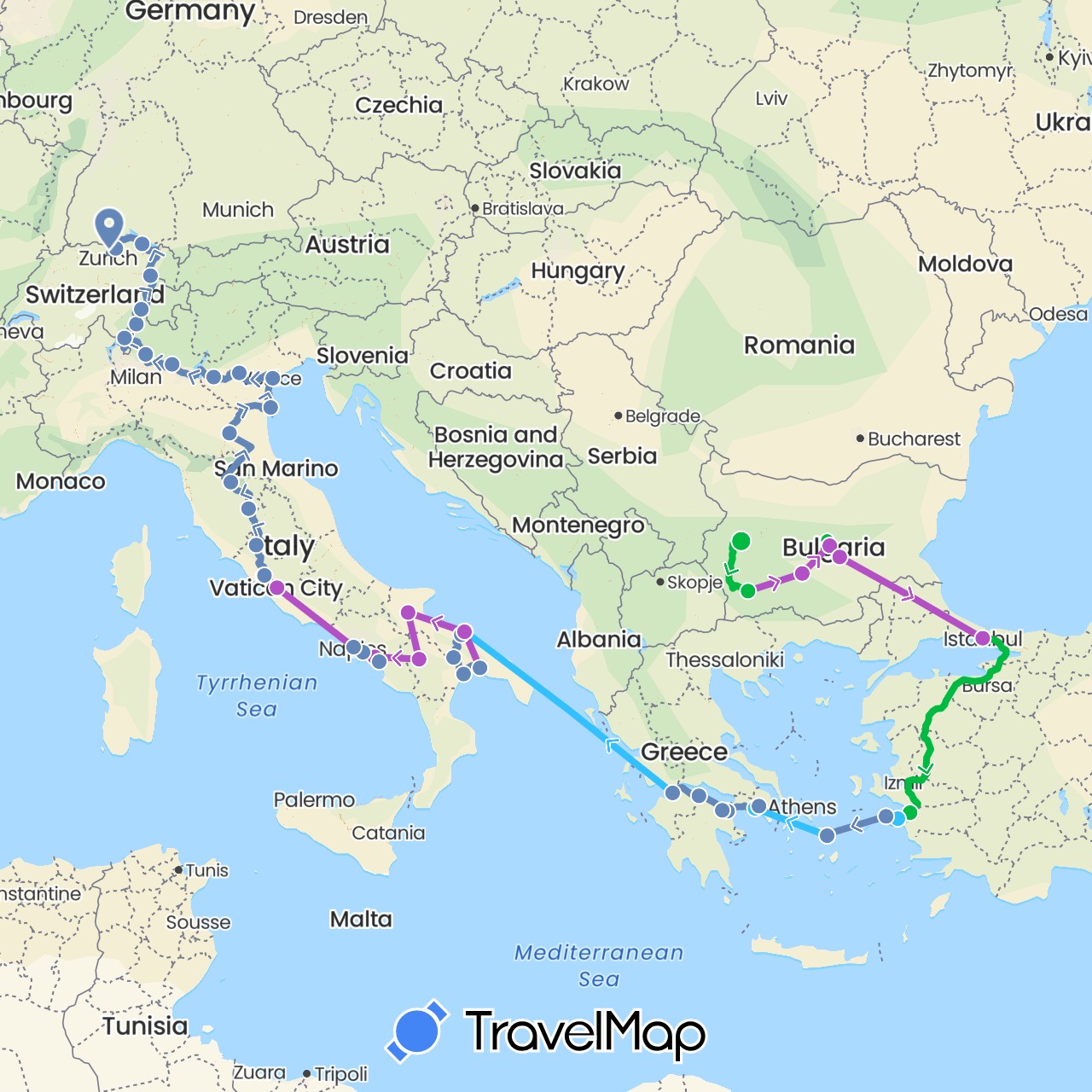 TravelMap itinerary: driving, bus, cycling, train, boat in Bulgaria, Switzerland, Greece, Italy, Liechtenstein, Turkey (Asia, Europe)